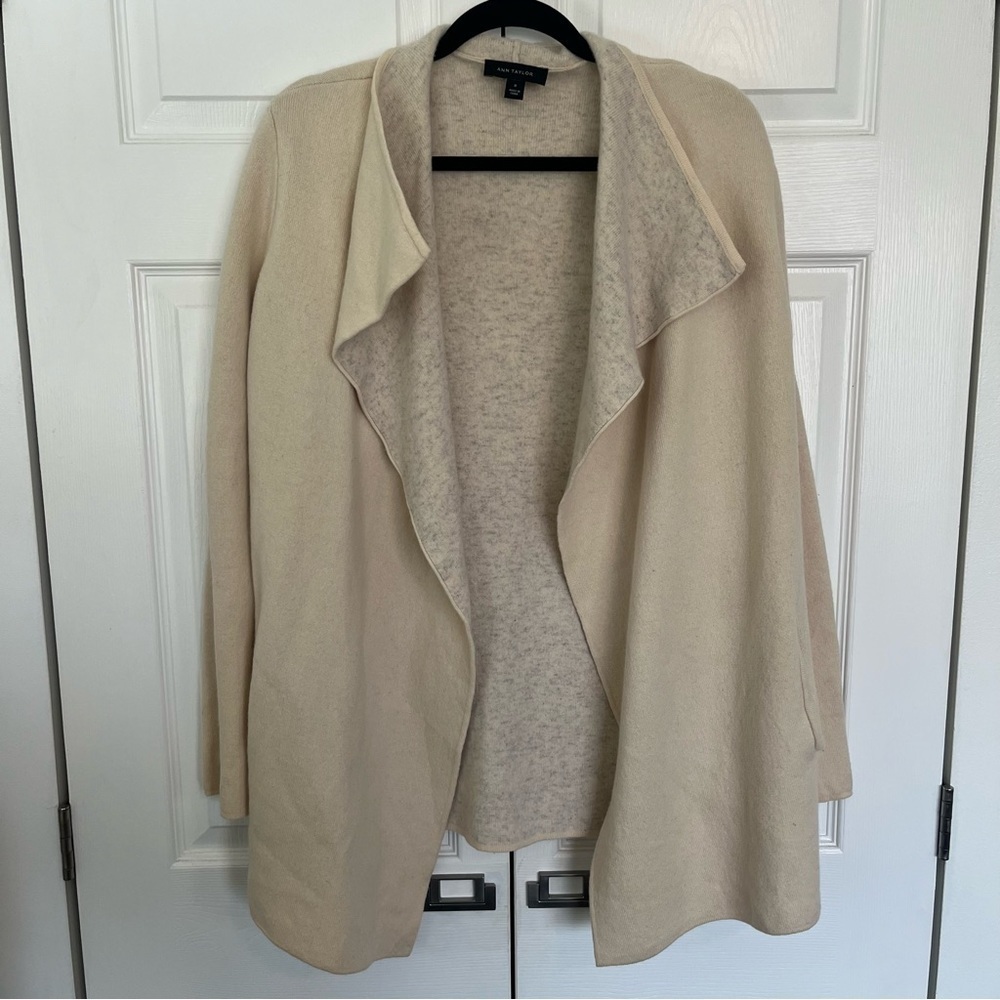 Wool Ann Taylor Cream and Grey Open Cardigan Sweater Size M